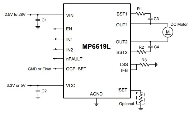 Application Circuit Diagram - Monolithic Power Systems (MPS) MP6619L H-Bridge Motor Drivers